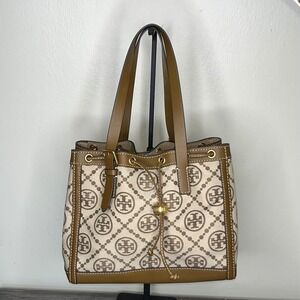 Tory Burch Printed Canvas Leather Trim Bucket Bag Drawstring Gold Hardware